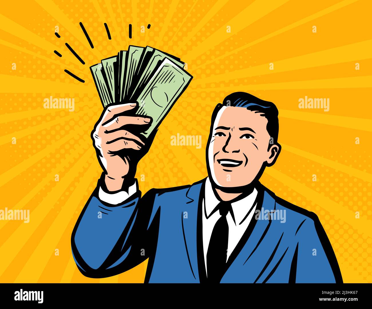 Homme d'affaires prospère avec de l'argent. Illustration de vecteur pop art rétro à succès financier Illustration de Vecteur
