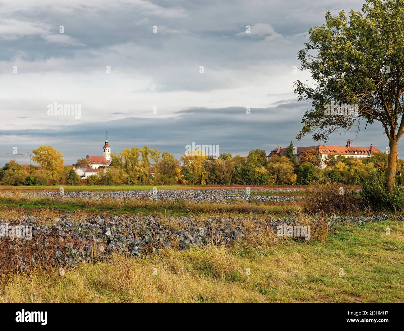 Vue sur Heidenfeld avec son église de pèlerinage et le monastère Heidenfeld aussi monastère Maria Hilf, municipalité Röthlein, quartier Schweinfurt, Basse-Franconie, Franconie, Bavière, Allemagne Banque D'Images