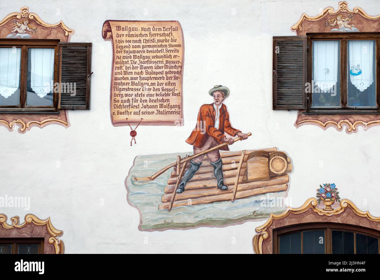 La profession du raftsman, texte avec explication historique contemporaine, Alpine Lüftlmalerei (peinture traditionnelle) à Wallgau, Oberes Isartal, haute-Bavière Banque D'Images