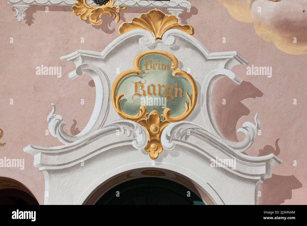 Nom de maison 'beim Karg'n', synonyme de clairsemé, non orné, pauvre à Mittenwald, haute-Bavière Banque D'Images