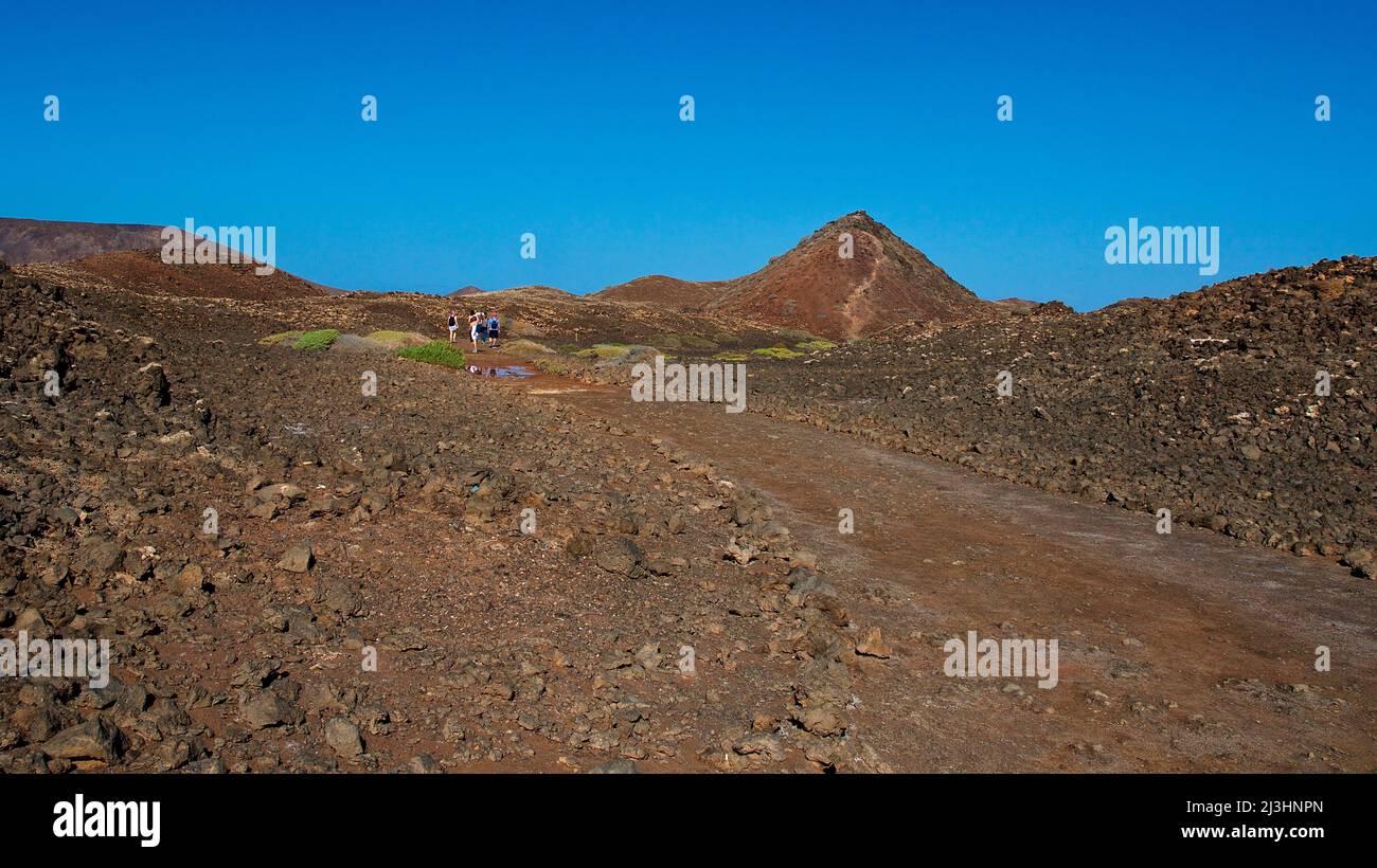 Espagne, îles Canaries, Fuerteventura, voyage en voilier, île de Los Lobos, réserve naturelle, deux touristes marchant le long d'un chemin dans un paysage brun aride, petite colline de lave en arrière-plan, ciel sans nuages et bleu Banque D'Images