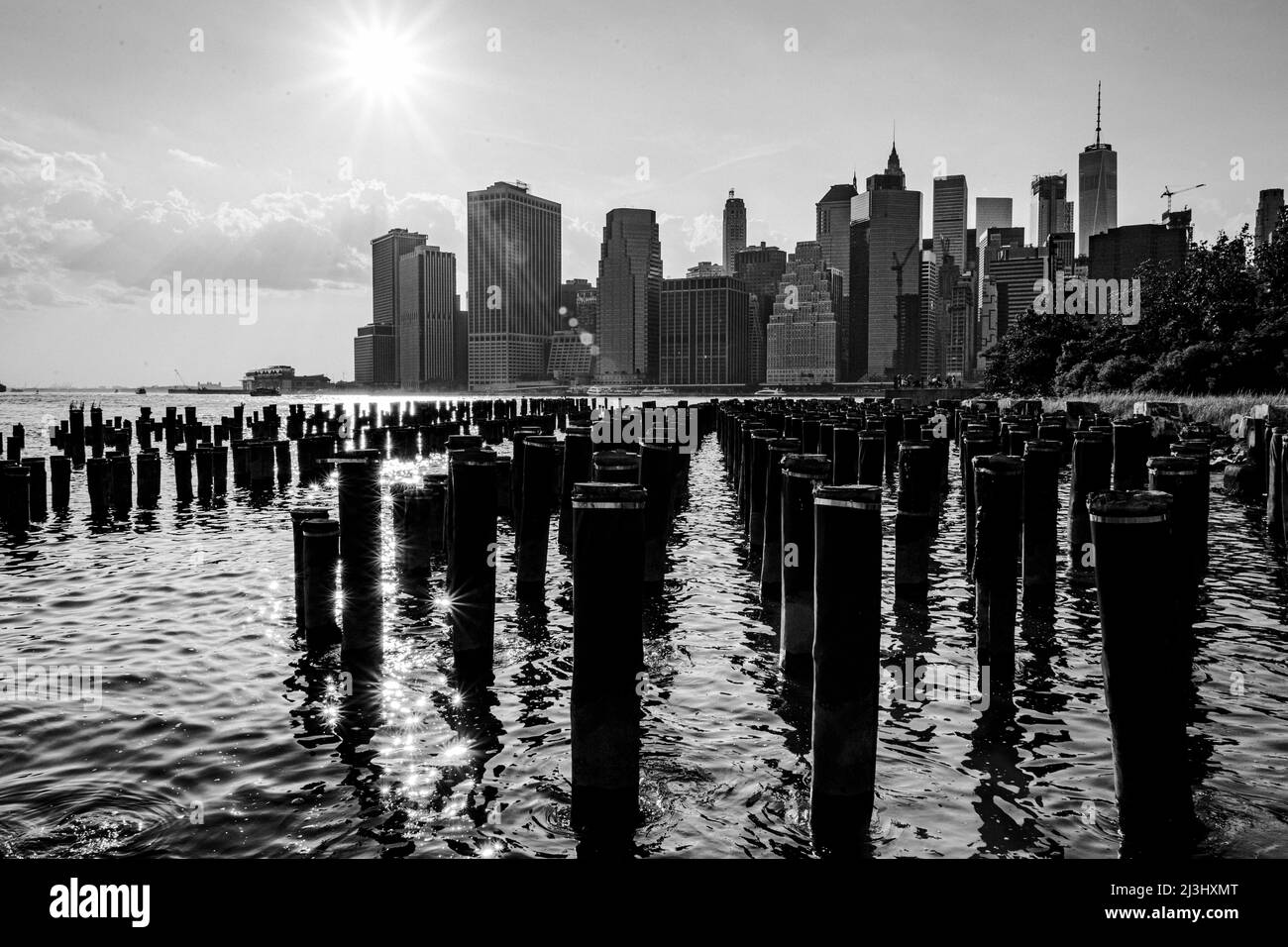 Brooklyn Heights, New York City, NY, États-Unis, piliers en bois dans East River et l'horizon de Lower Manhattan vu de l'ancien Pier 1 au Brooklyn Bridge Park Banque D'Images