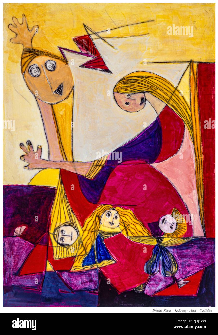 Peinture par Pia Bühler, gravure, père acrylique et mère ou grand-mère et maman passent un temps insouciant avec les enfants Banque D'Images