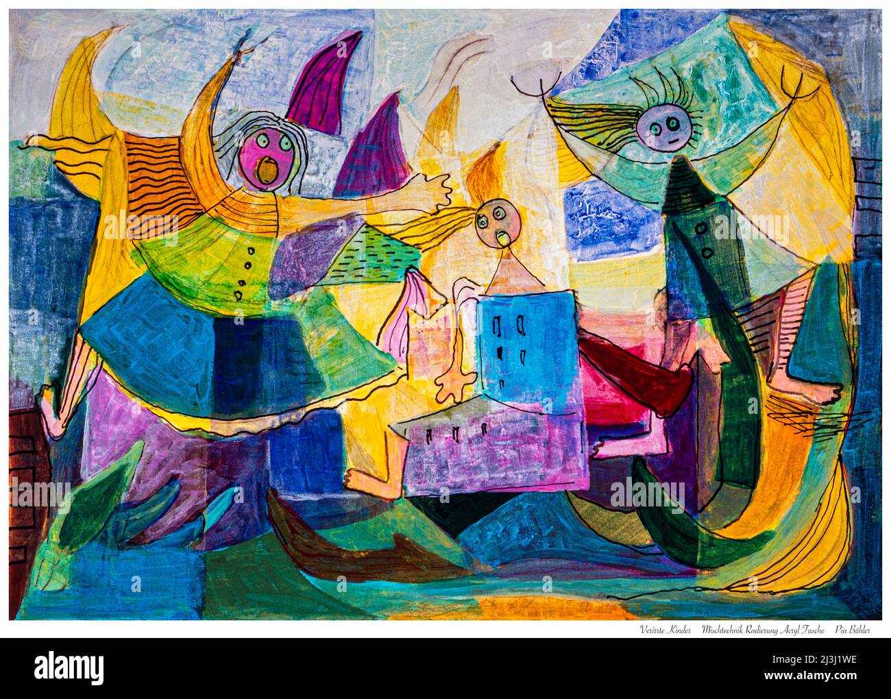 Peinture par Pia Bühler, gravure, acrylique les enfants perdus ont perdu la bonne voie et sont maintenant paniquer. Le monde s'effondre, le chaos est ingérable et les cris sont grands Banque D'Images