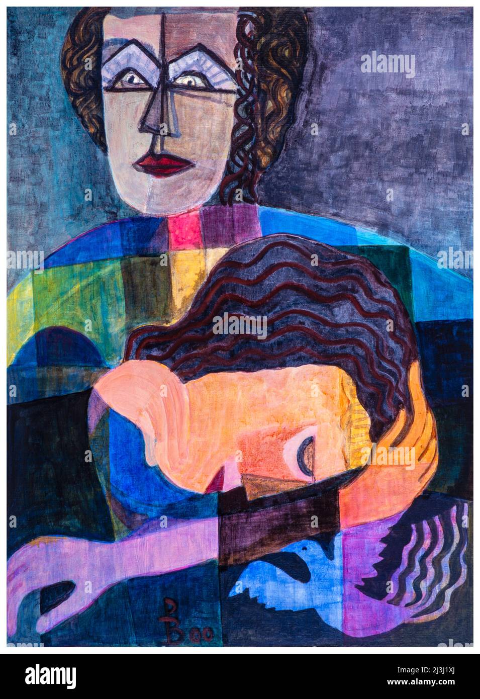 Peinture par Pia Bühler, acrylique Un homme tient une femme dans ses bras. Une colombe vole au couple. Banque D'Images