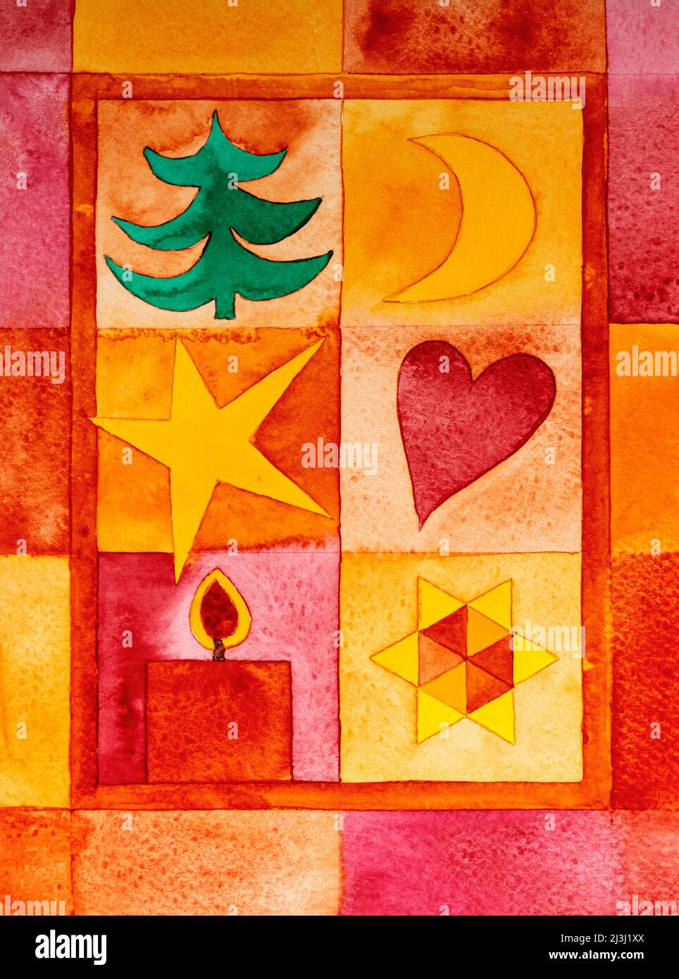 Aquarelle par Heidrun Füssenhäuser arbre, étoile, lune, coeur, bougie en feu, Fenêtre de Noël, tons rouges, jaune Banque D'Images