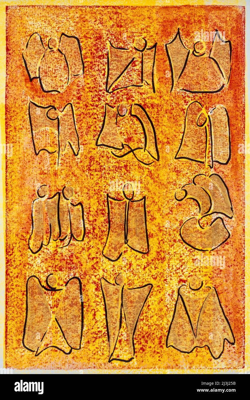 Imprimé par Gisela Oberst douze anges, abstrait, orange, jaune, figure angélique, représentation angélique, ailé, mystique, êtres célestes Banque D'Images
