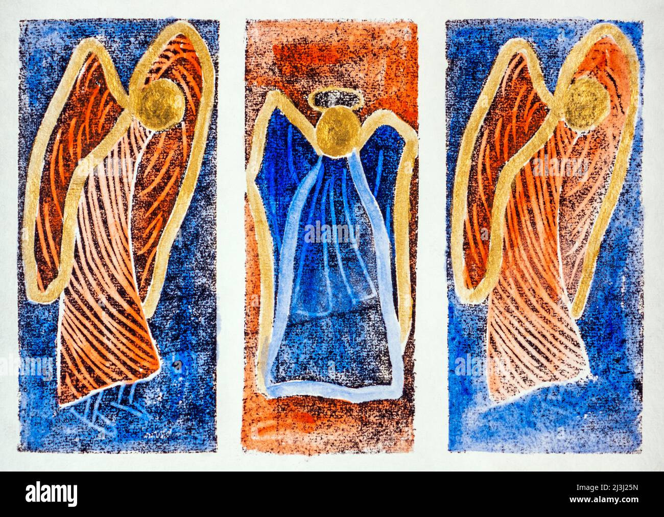 Imprimé par Gisela Oberst trois anges, triptyque, abstrait, orange, or, bleu, figure angélique, représentation angélique, ailé, mystique, êtres célestes Banque D'Images