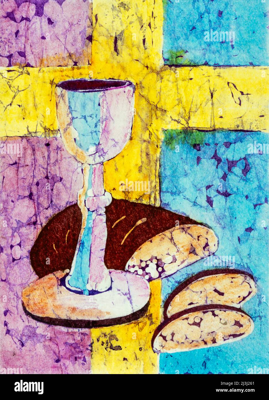 Aquarelle de Batika sur papier japonais par Regine Martin vin et pain, croix jaune vif, image symbole pour la Cène du Seigneur, célébration eucharistique, Saint sacrement, Banque D'Images