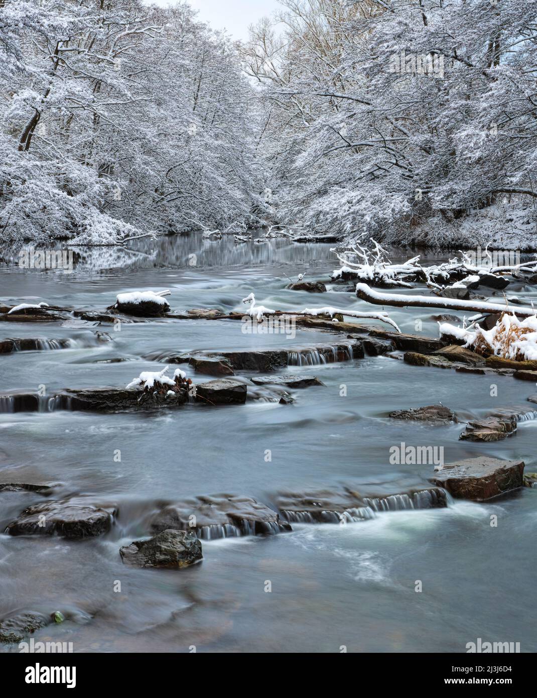 Europe, Allemagne, Hesse, Marburger Land, section fluviale de la Lahn avec rapides près de Lahntal, atmosphère d'hiver avec neige et givre Banque D'Images