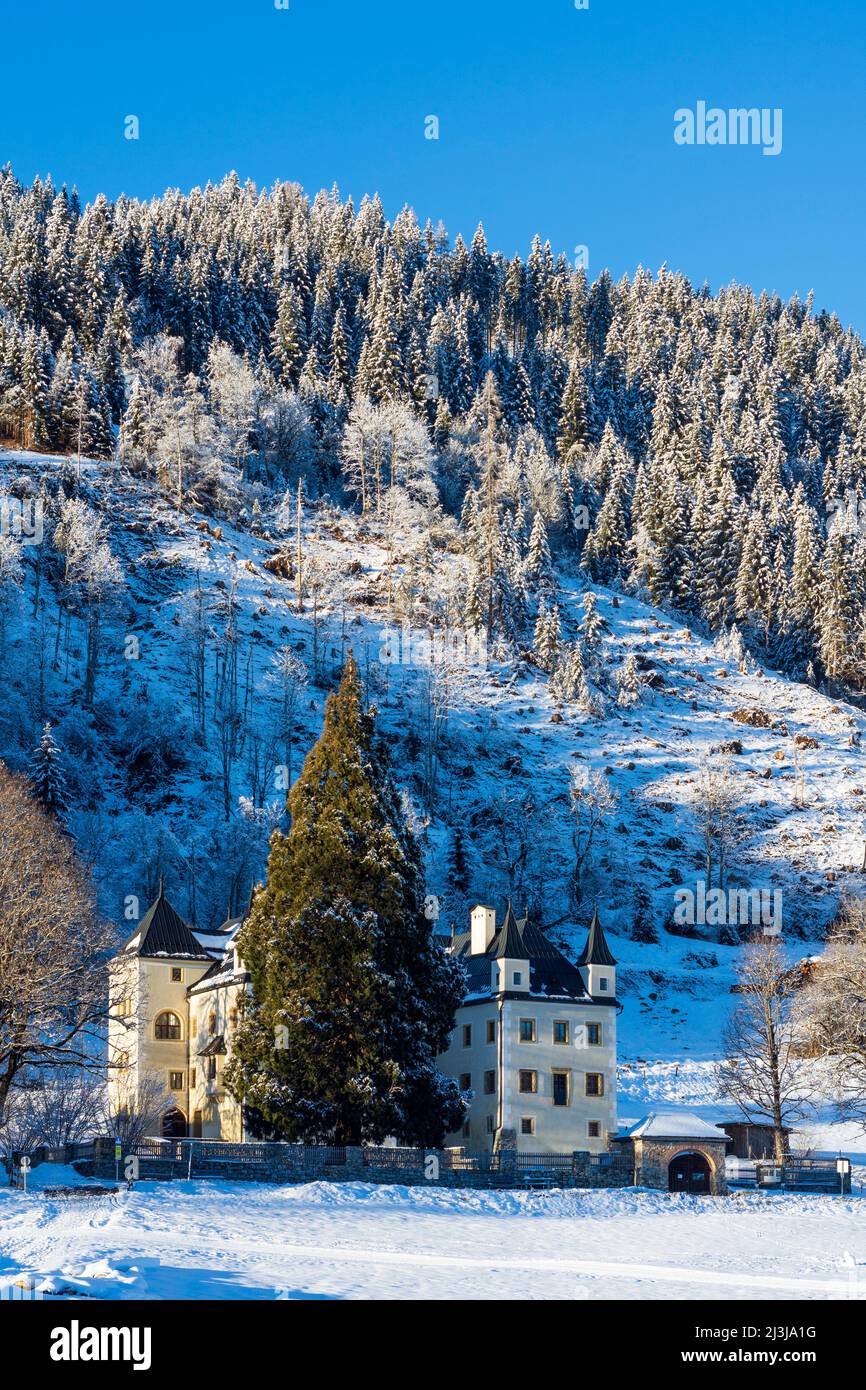 Flachau, Château de Höch, forêt, neige à Pongau, Salzbourg, Autriche Banque D'Images