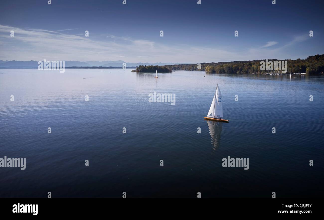 Vue aérienne, voilier Roseninsel à Starnberger See, Bavière, Allemagne Banque D'Images