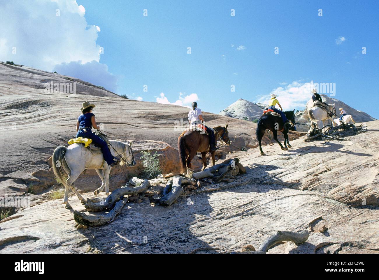 Les cavaliers naviguent sur le sentier Navajo étroit et dangereux, ou le sentier Anasazi, de Rainbow Bridge, Utah à Navajo Mountain. Banque D'Images