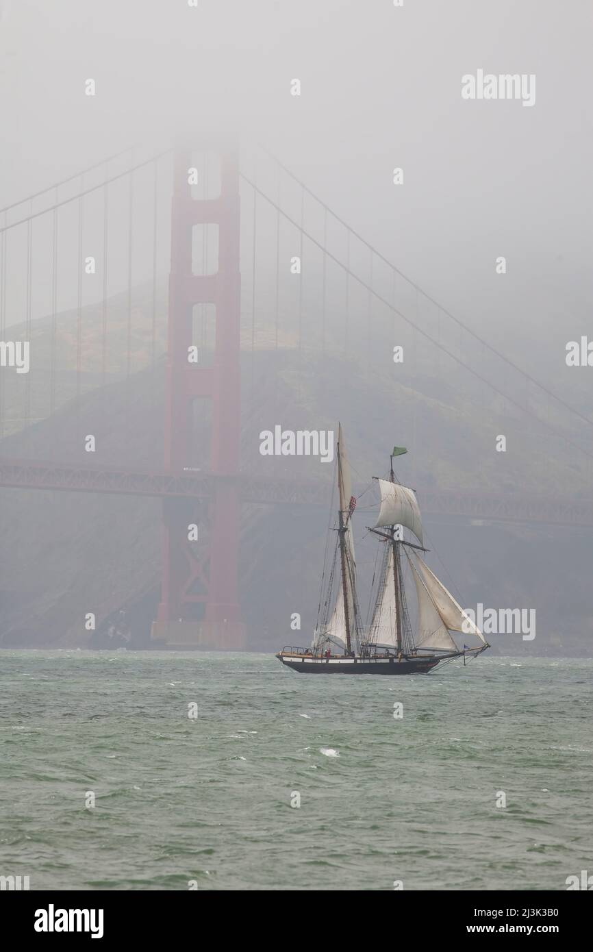 Une goélette à deux mâts navigue sous le Golden Gate Bridge; San Francisco, Californie. Banque D'Images