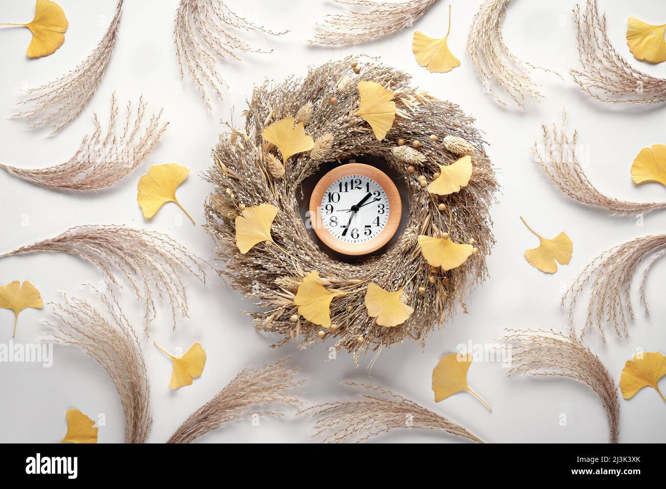 Arrière-plan de l'automne. Réveil en bois dans la couronne d'herbe sèche. De fond blanc plat avec des feuilles de ginko et de l'herbe de pampas. Banque D'Images