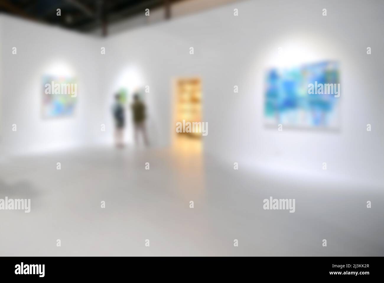 Personnes regardant des peintures sur le mur blanc dans la galerie d'exposition d'art. Arrière-plan flou. Banque D'Images