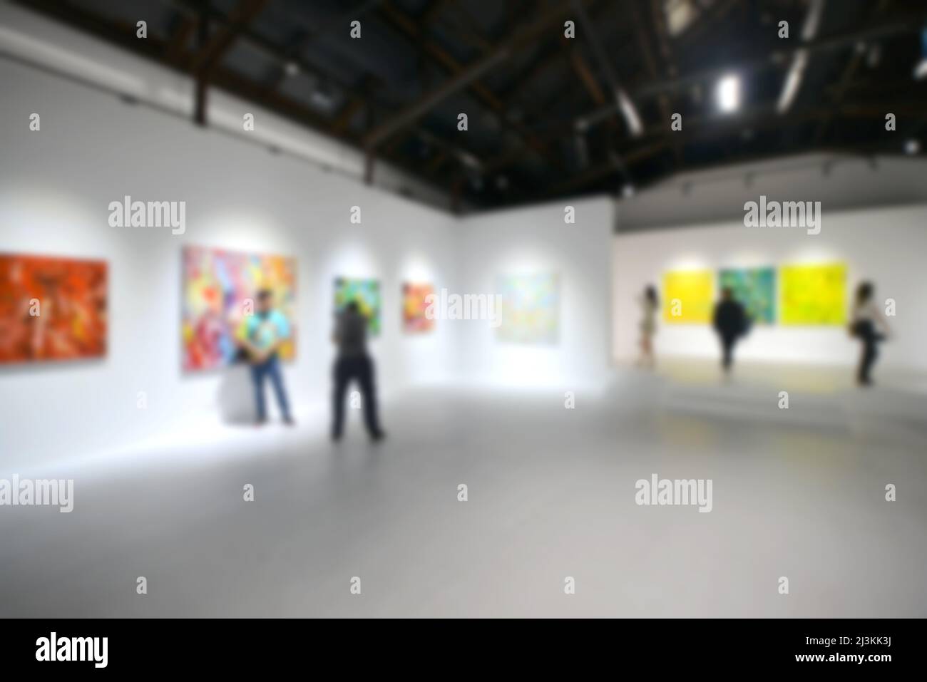 Personnes regardant des peintures sur le mur blanc dans la galerie d'exposition d'art. Arrière-plan flou. Banque D'Images
