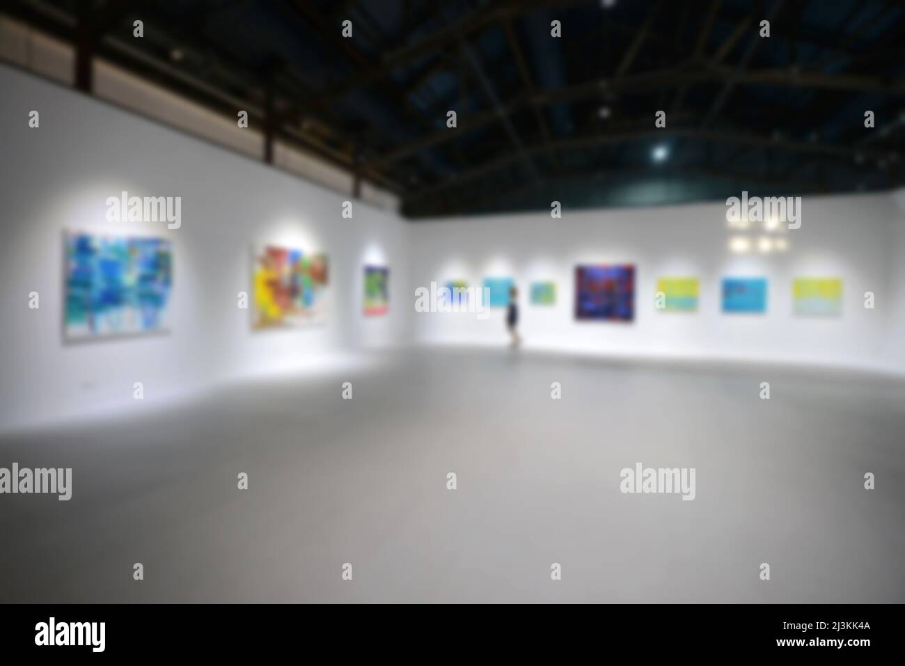 Personnes regardant des peintures sur le mur blanc dans la galerie d'exposition d'art. Arrière-plan flou. Banque D'Images