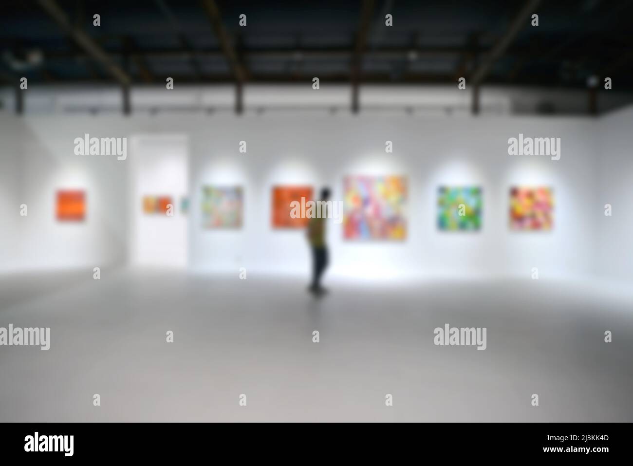 Personnes regardant des peintures sur le mur blanc dans la galerie d'exposition d'art. Arrière-plan flou. Banque D'Images