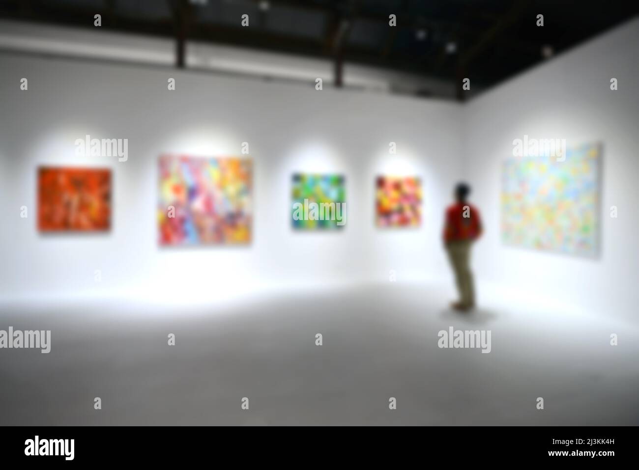 Personnes regardant des peintures sur le mur blanc dans la galerie d'exposition d'art. Arrière-plan flou. Banque D'Images