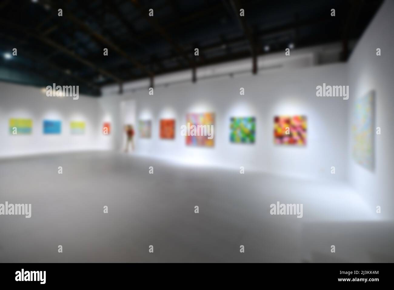 Personnes regardant des peintures sur le mur blanc dans la galerie d'exposition d'art. Arrière-plan flou. Banque D'Images