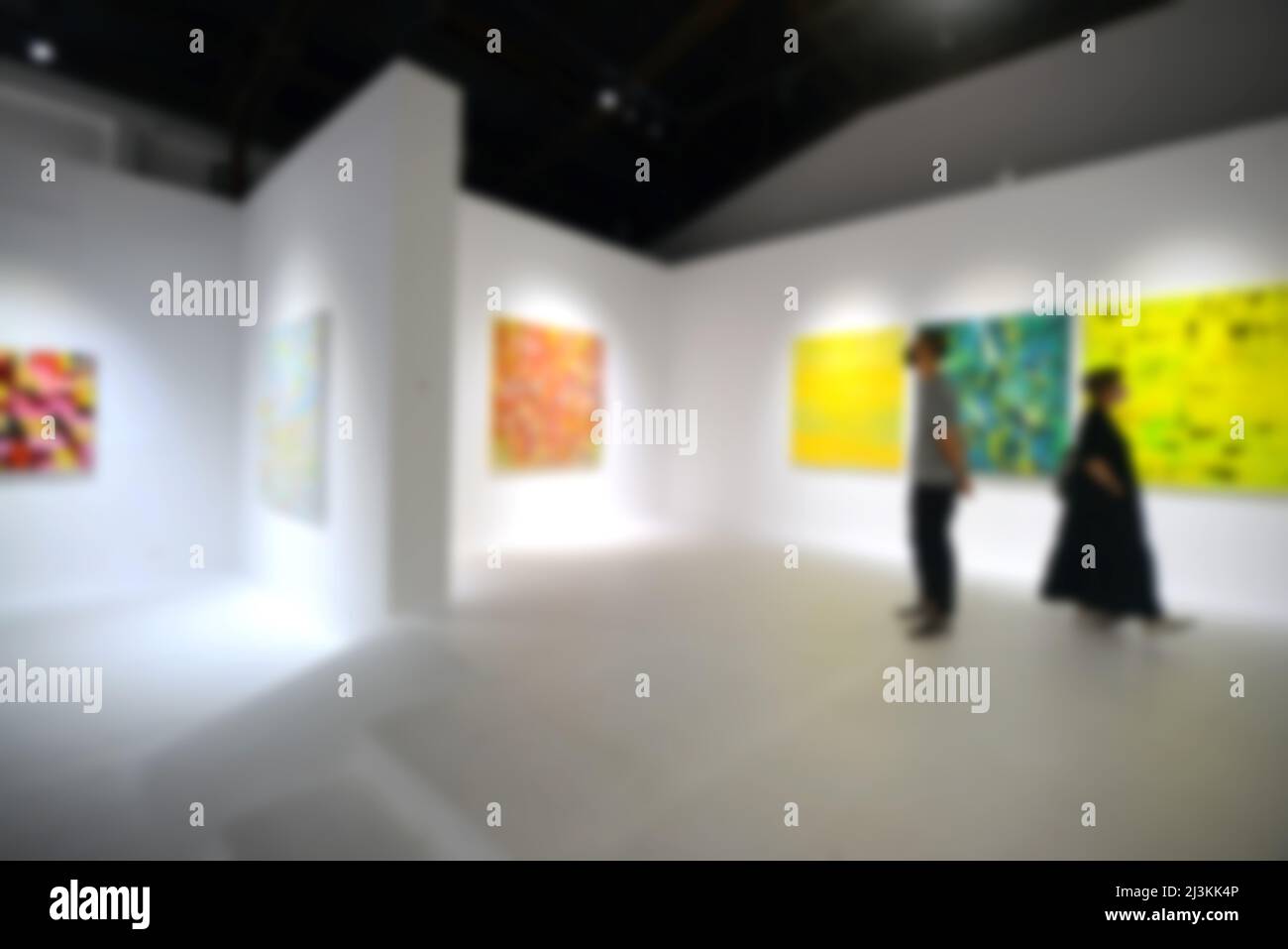 Personnes regardant des peintures sur le mur blanc dans la galerie d'exposition d'art. Arrière-plan flou. Banque D'Images