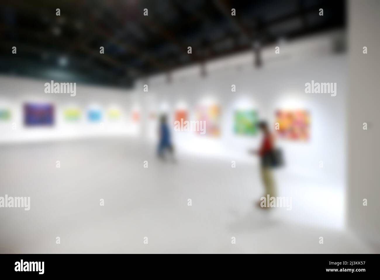 Personnes regardant des peintures sur le mur blanc dans la galerie d'exposition d'art. Arrière-plan flou. Banque D'Images