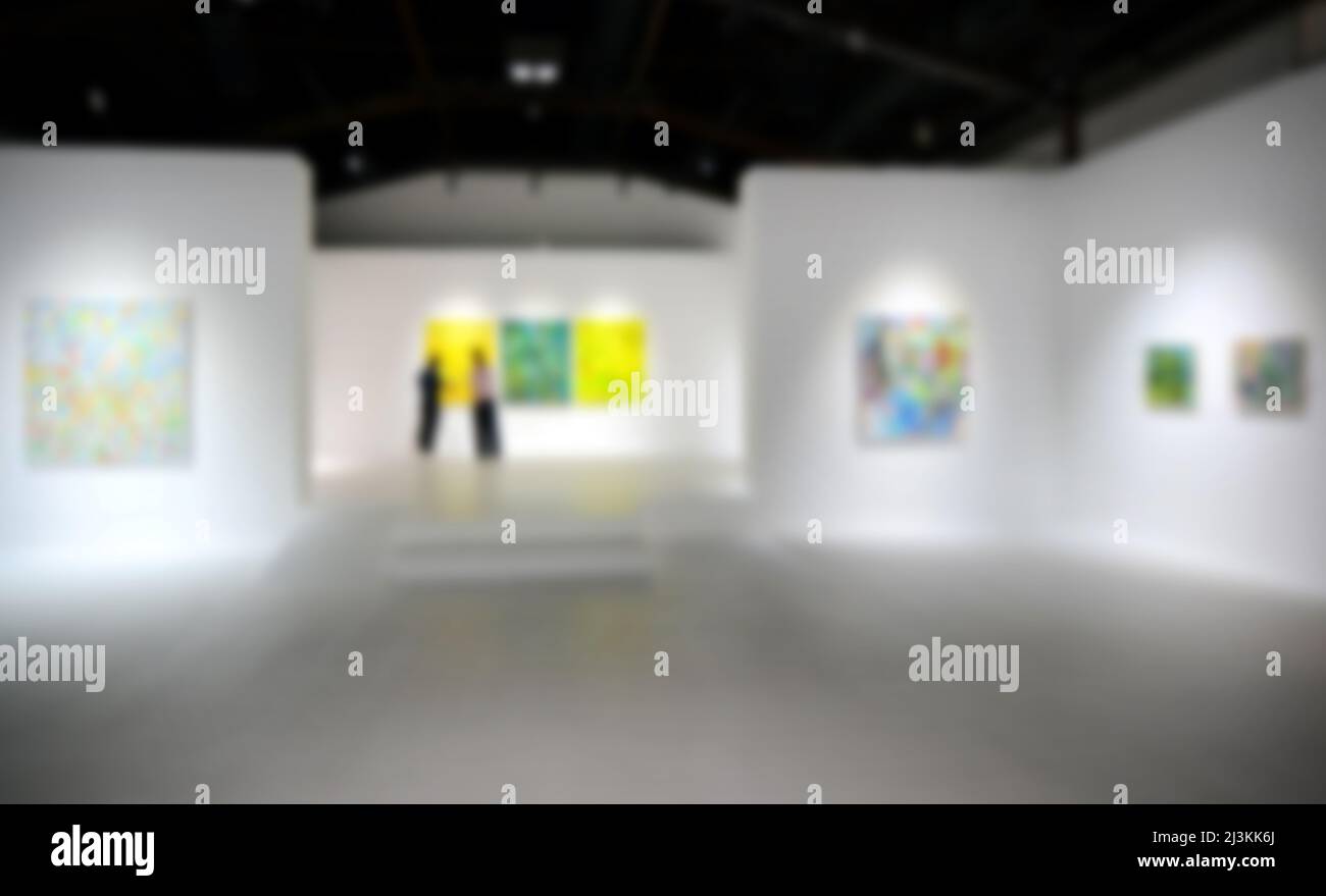 Personnes regardant des peintures sur le mur blanc dans la galerie d'exposition d'art. Arrière-plan flou. Banque D'Images