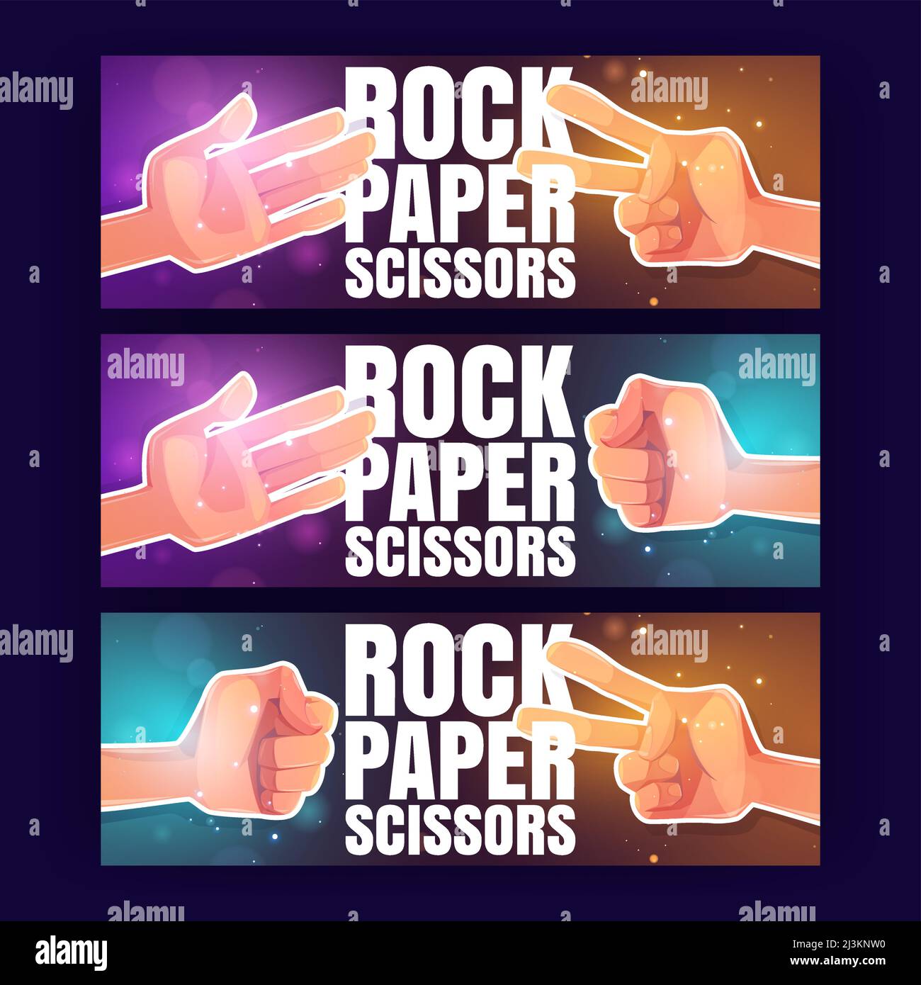 Rock, papier, ciseaux bande dessinée bannières avec les mains humaines jouant le jeu montrant les doigts gestes. Défi des amis, compétition, décision et stratégie pour Illustration de Vecteur