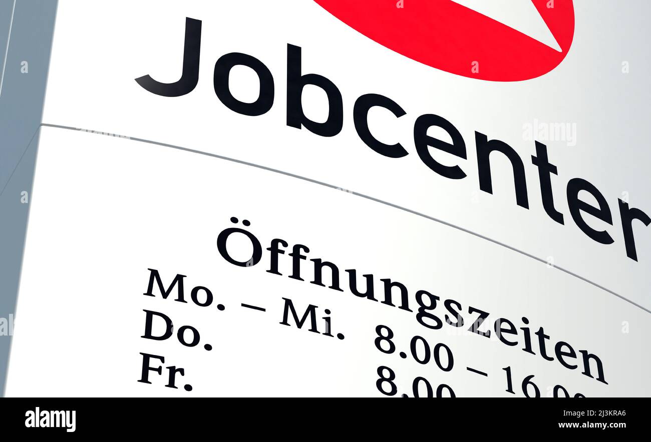 Panneau d'information 'Jobcenter' avec horaires d'ouverture ('Öffnungszeiten' en allemand) Banque D'Images