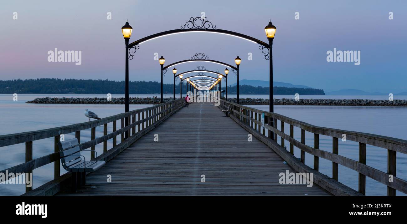 Lumières illuminées le long de la jetée de White Rock au lever du soleil en Colombie-Britannique, au Canada; White Rock, en Colombie-Britannique, au Canada Banque D'Images