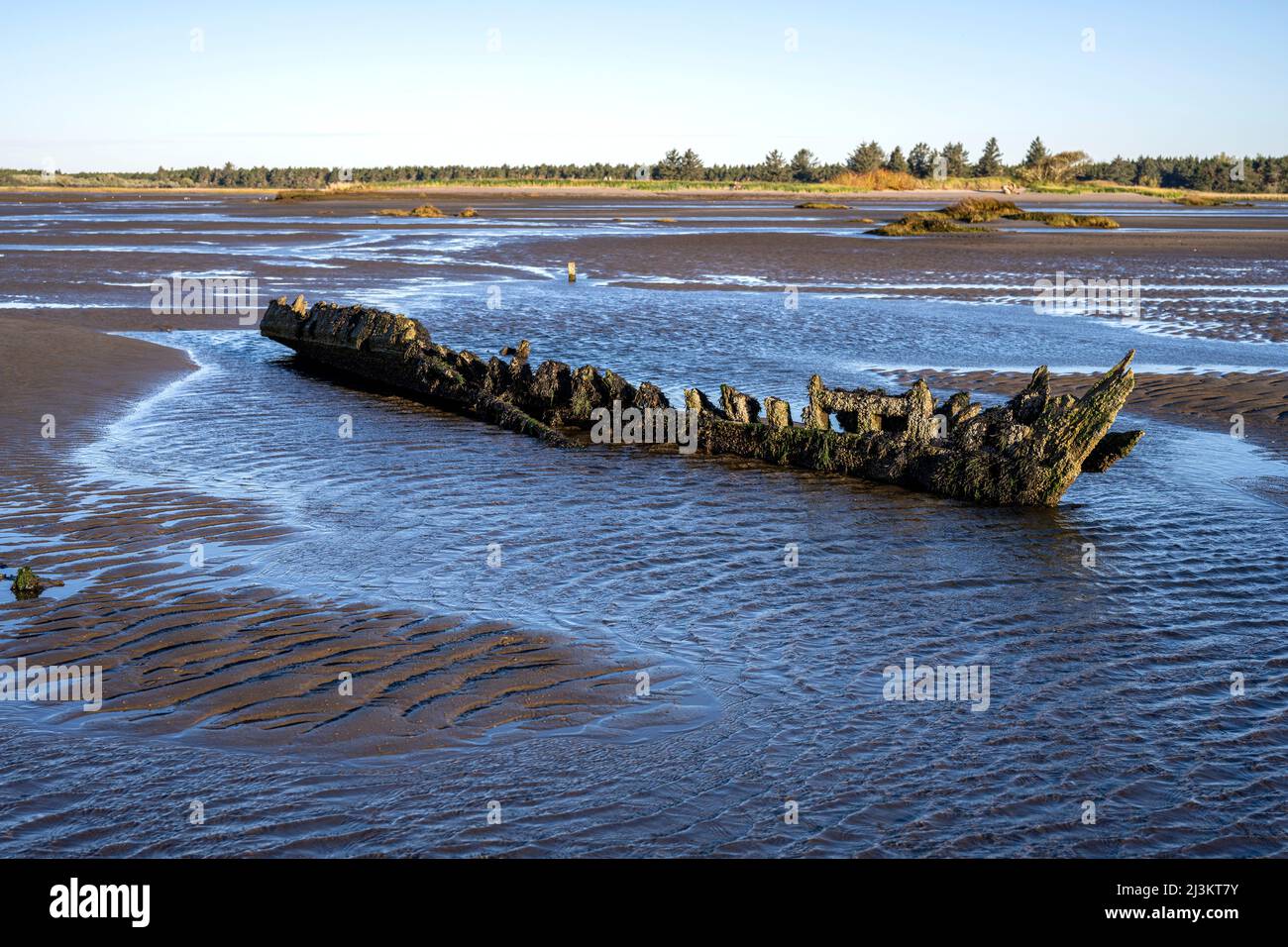 Un vieux bateau en bois est révélé en reculant la marée à la baie de Trestle dans le parc national de fort Stevens sur la côte de l'Oregon Banque D'Images