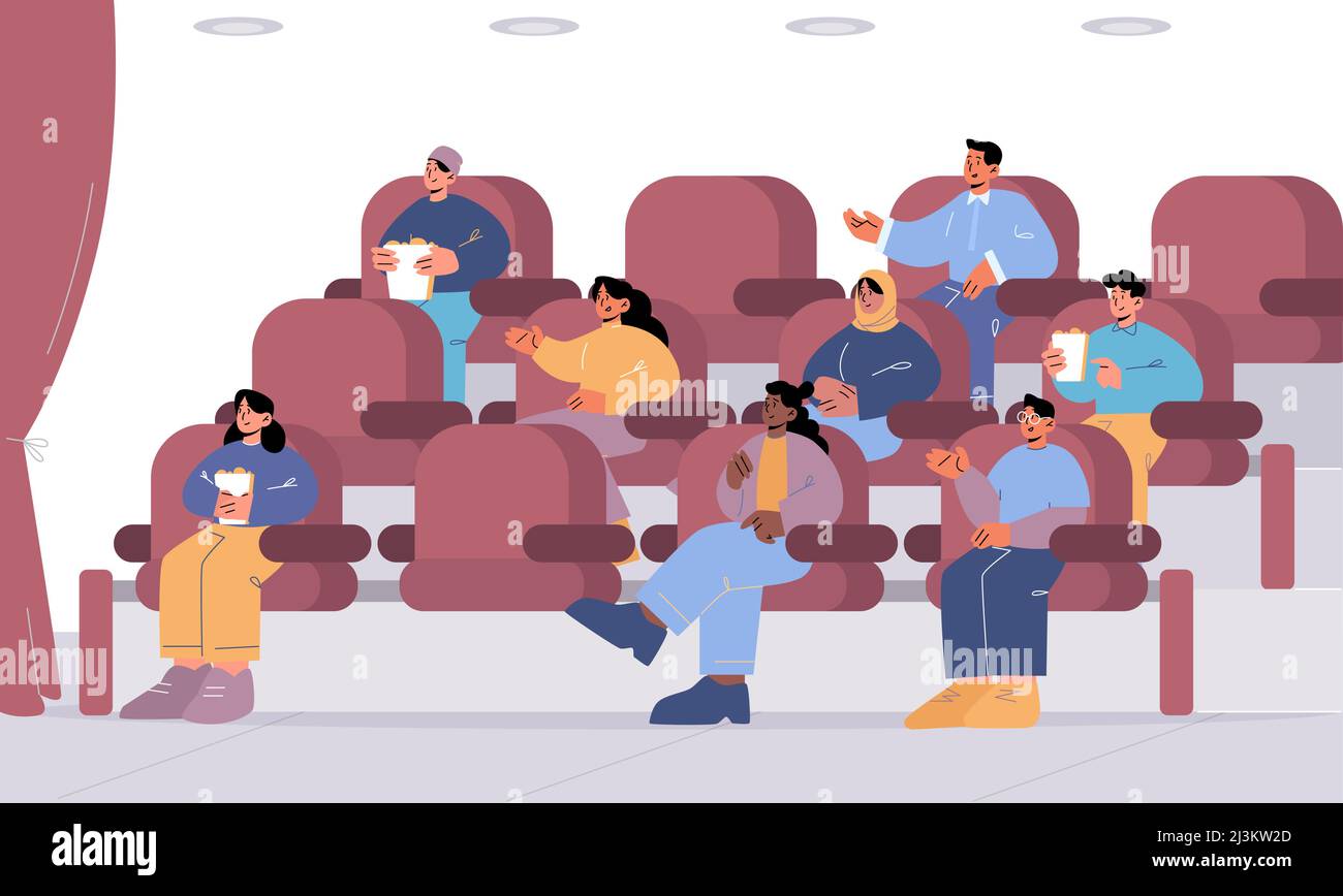 Personnes assises dans des chaises au cinéma ou à l'auditorium. Divers spectateurs ou cinéphiles avec pop corn Watching film ou motion pict Illustration de Vecteur