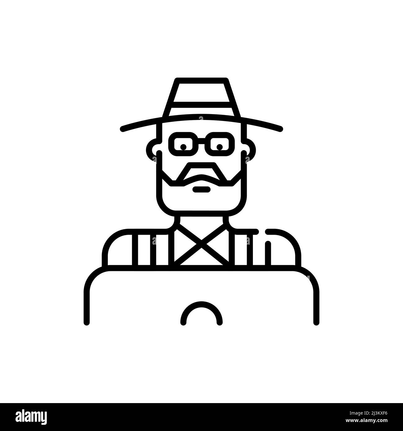 Un agriculteur plus âgé dans un chapeau utilisant un ordinateur portable. Pixel Perfect, icône de contour modifiable Illustration de Vecteur