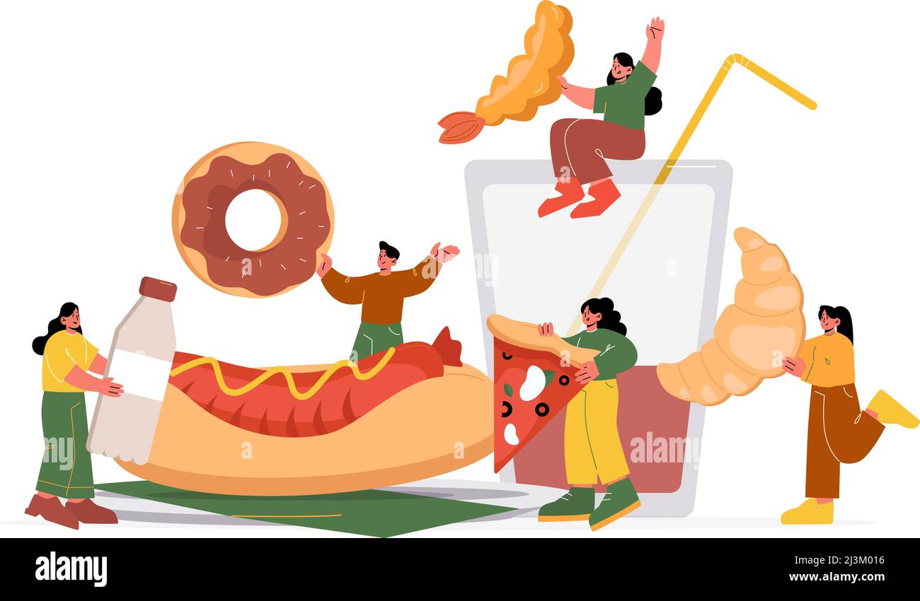 Restauration rapide, malsain junk Meal concept. Illustration vectorielle plate de personnes tenant un grand donat, pizza, croissant, hot dog, crevettes et verre avec du cola. F Illustration de Vecteur