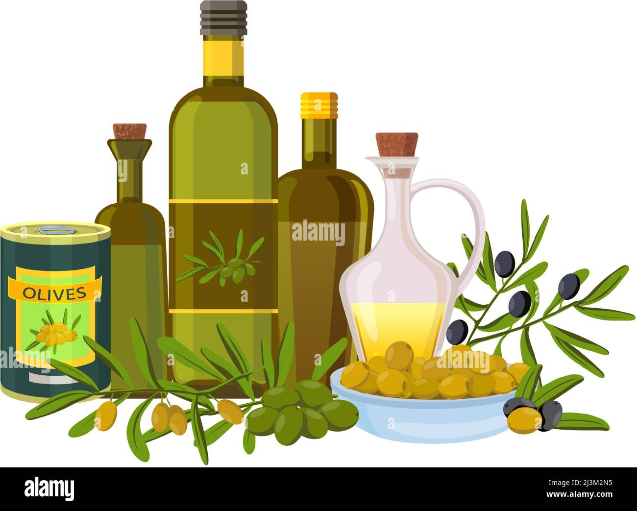 Huile d'olive. Produits à base de branches d'olive. Olives biologiques noires et vertes, bocaux et bouteilles de verre Illustration de Vecteur
