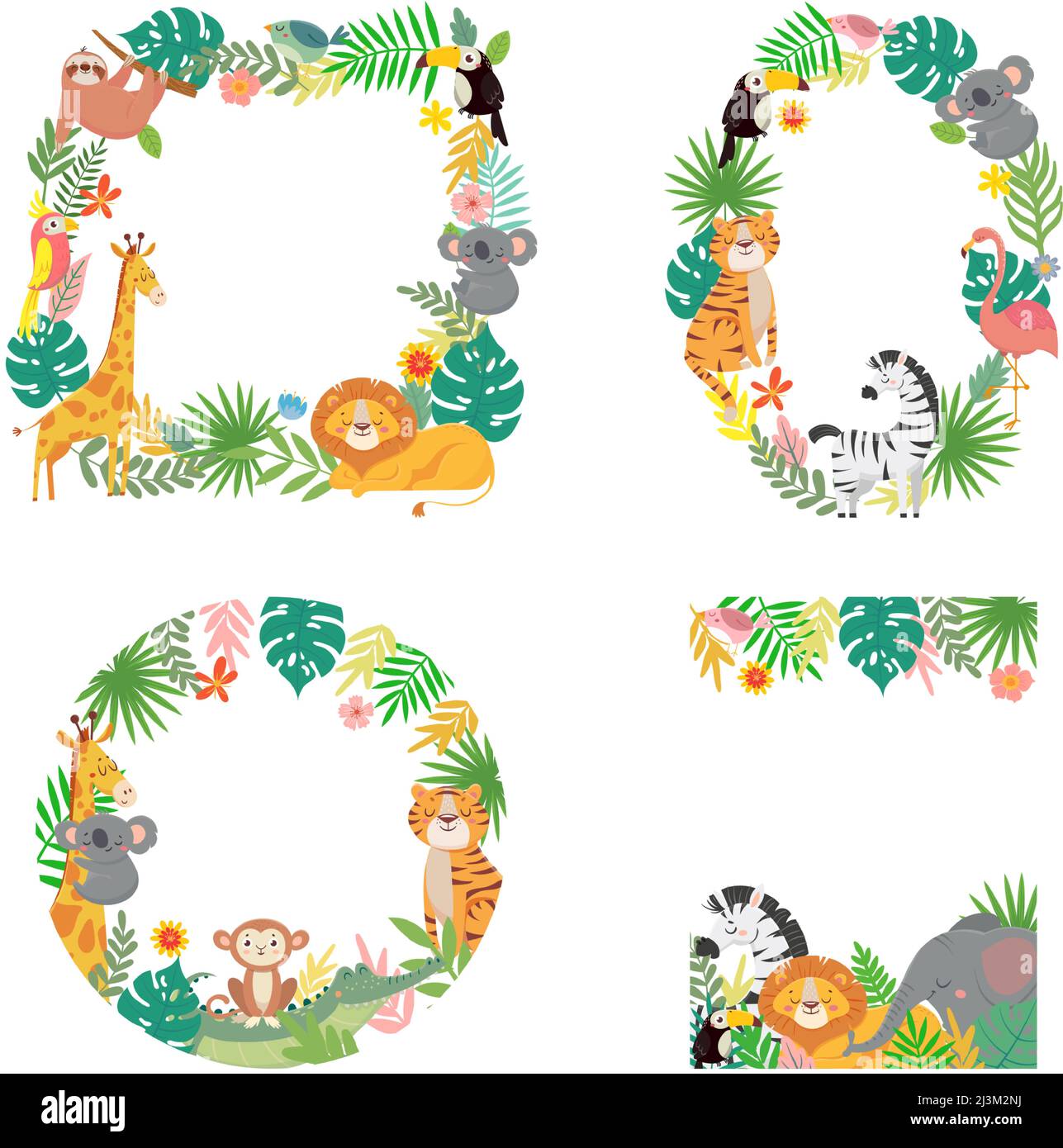 Cadre animaux de dessin animé. Feuilles de palmier tropicales vertes avec tigre, lion, girafe, koala et éléphants bordés Illustration de Vecteur