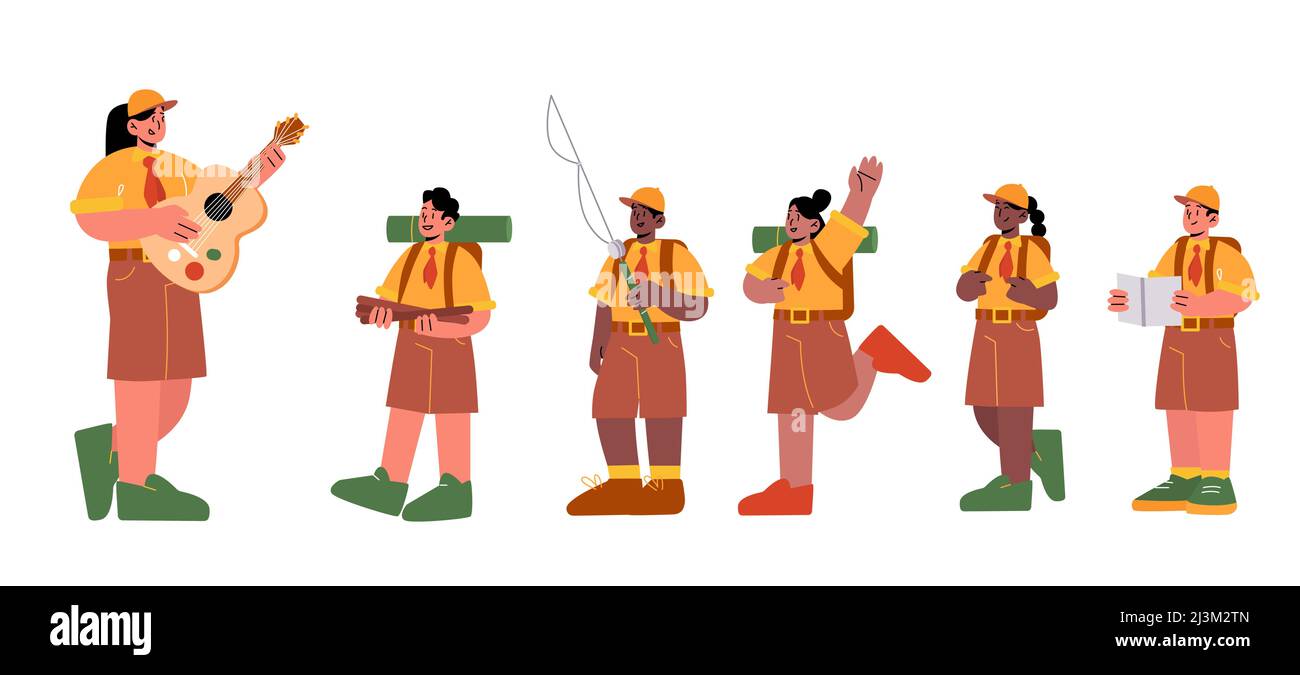 Scouts d'enfants en uniforme et professeur de femme avec guitare isolé sur fond blanc. Illustration vectorielle plate des enfants de randonnée dans le camp d'été, les garçons et gi Illustration de Vecteur