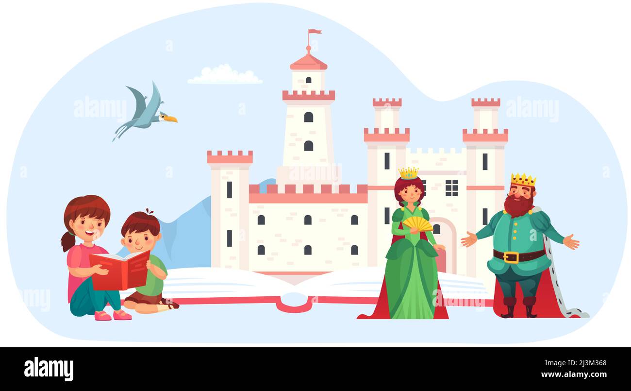 Un petit enfant lit un livre. Les enfants lisant le conte de fées avec royaume médiéval et reine et roi. Les gens imaginent le château Illustration de Vecteur