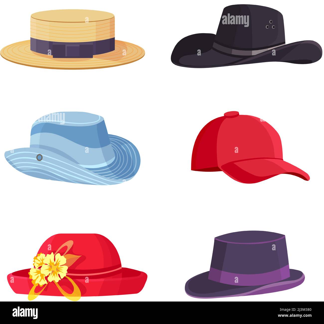 Coiffures de dessins animés. Chapeau de paille de plage, fedora, casquette de baseball. Différentes têtes de lit colorées pour l'homme et la femme Illustration de Vecteur