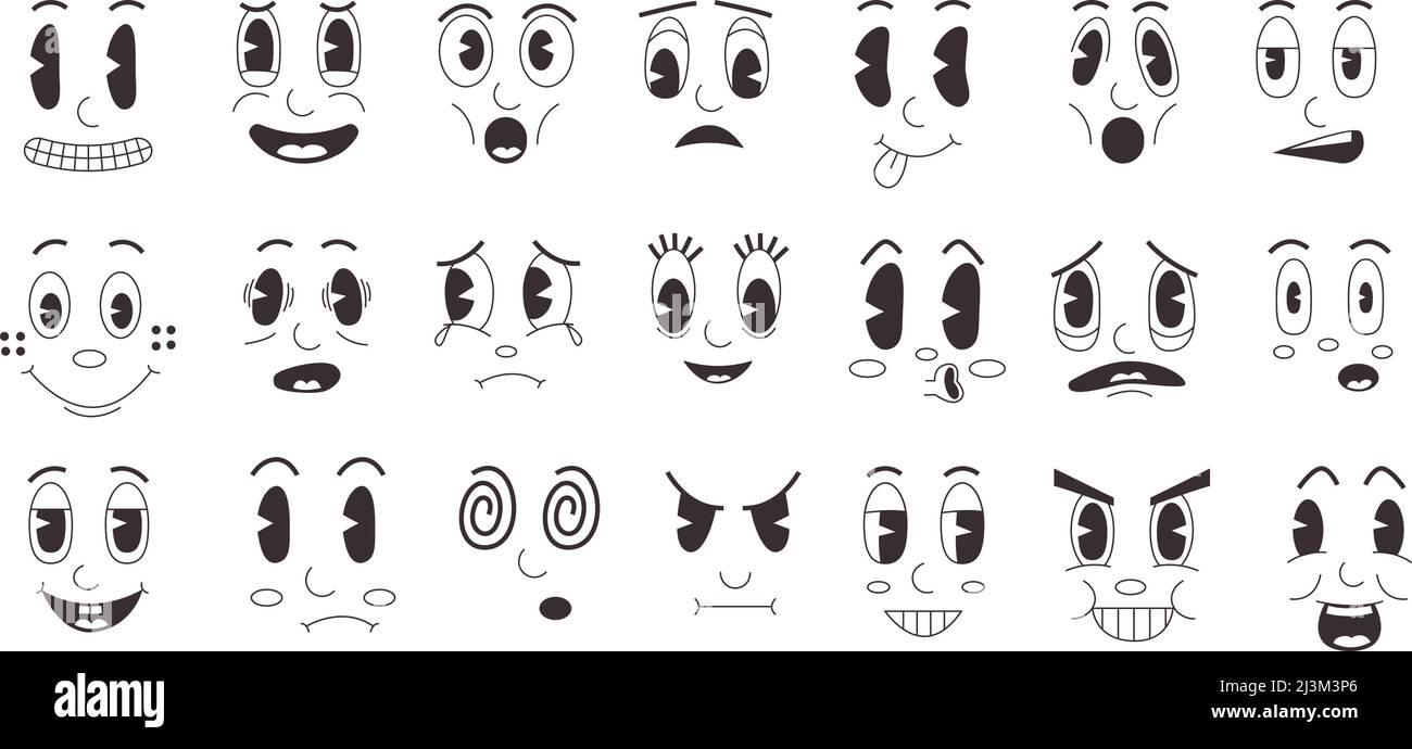 Visages rétro de dessins animés. Doodle clip art drôle émotions, vieille collection de mascotte avec le sourire comique. Ensemble de vecteurs Illustration de Vecteur