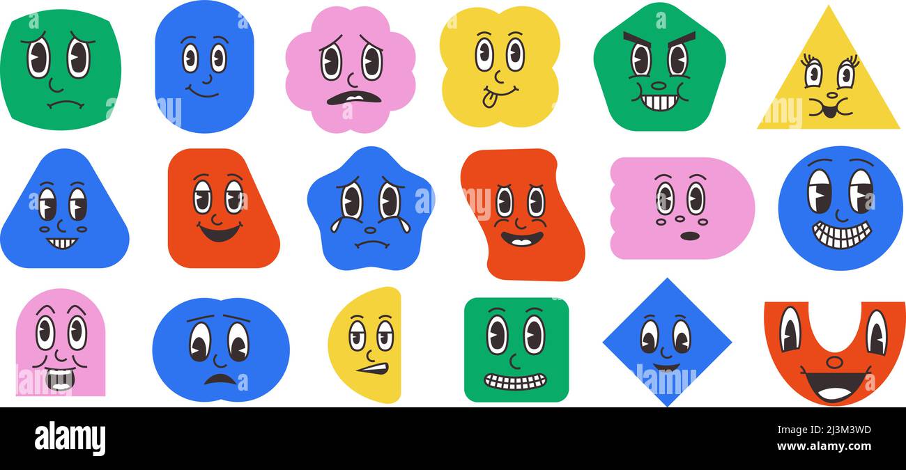 Formes abstraites avec faces. Personnages de mascotte d'art de clip de dessin animé avec drôles de smiley rétro drôles. Formes de bandes dessinées vectorielles Illustration de Vecteur
