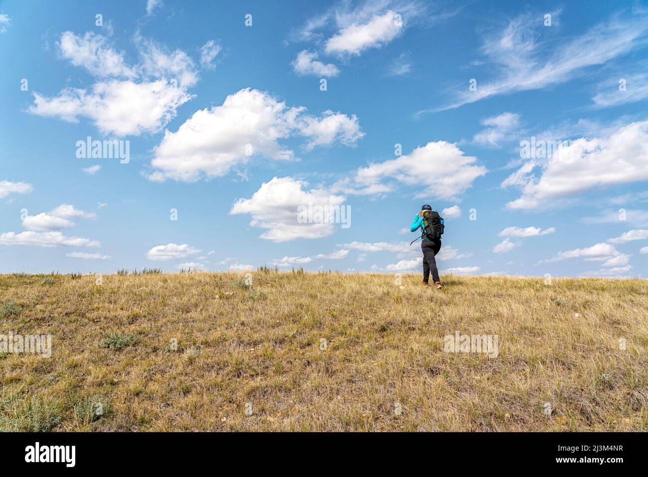 Femme qui marche vers le ciel étendu et qui fait de la randonnée dans les régions rurales de la Saskatchewan, dans le parc national des Prairies; en Saskatchewan, au Canada Banque D'Images