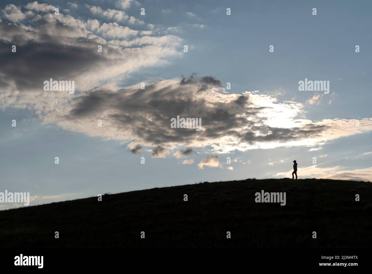 Femme silhouetée debout sur une colline herbeuse à la lumière de la fin de la journée, regardant le soleil se coucher sur les Prairies dans les régions rurales de la Saskatchewan; Saskatchewan, Canada Banque D'Images