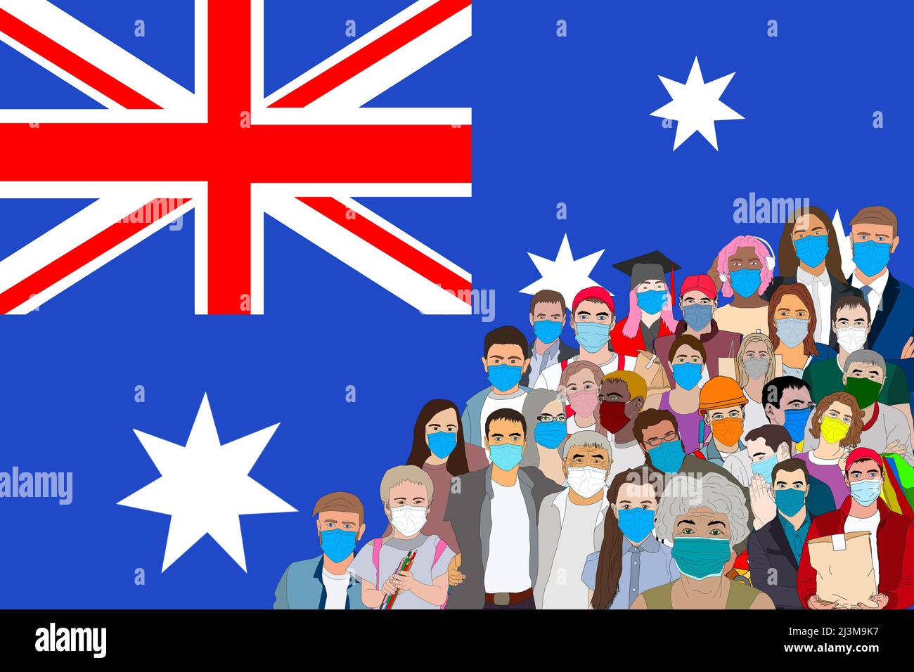 People Group Silhouette Crowd Hold Australia Flag Illustration Banque D'Images