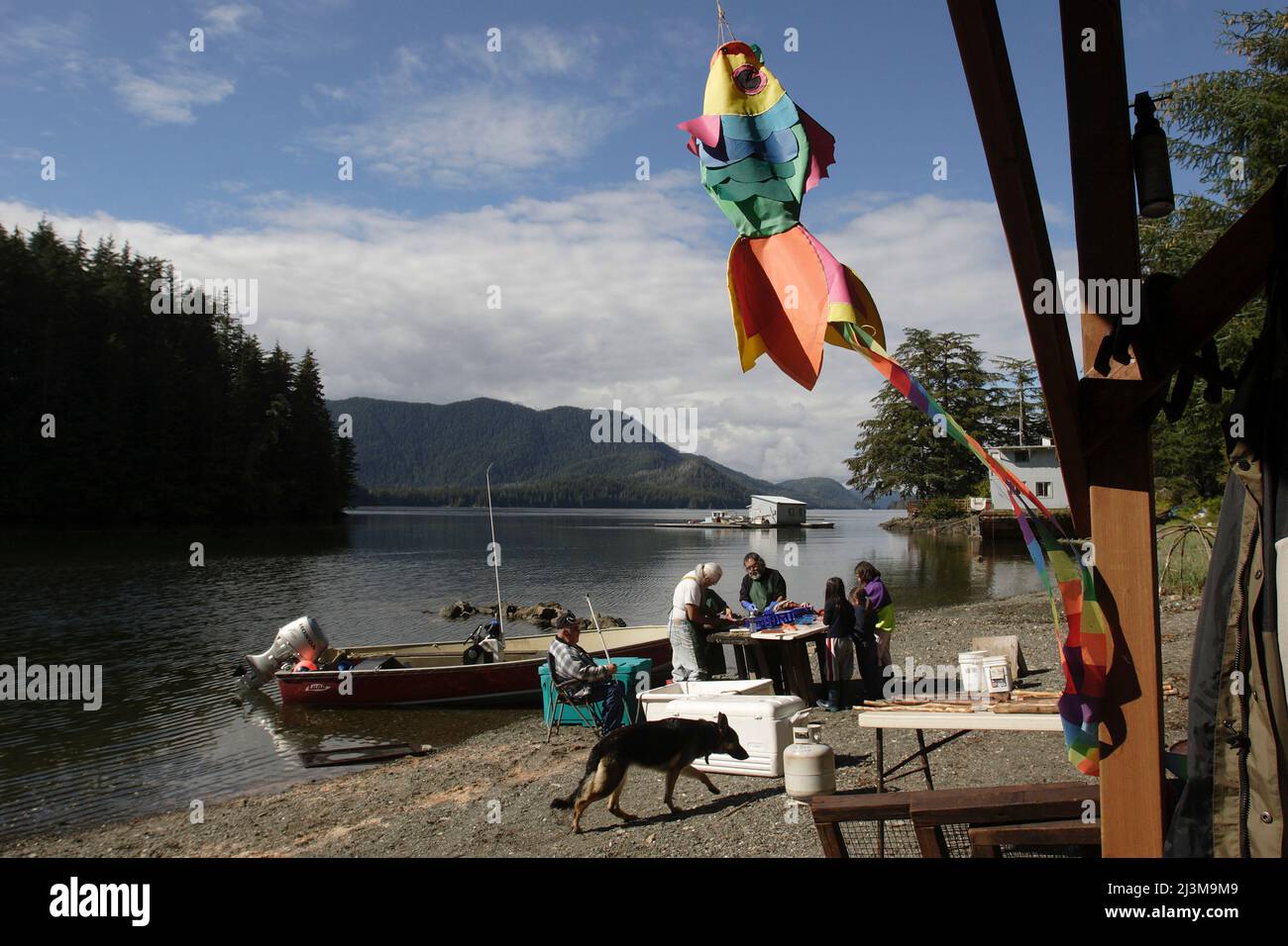 Une famille installe des casiers pour sécher le saumon et le prépare pour le fumer dans un camp de poissons Tlingit autochtone d'Alaska à Dog point près de Sitka, en Alaska, aux États-Unis Banque D'Images