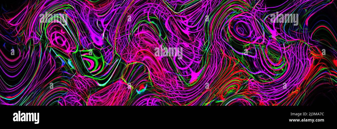 Lignes tordues lumineuses multicolores sur fond noir. Néon brillant fractal. Mouvement flou. Illustration psychédélique abstraite. Grand format Banque D'Images