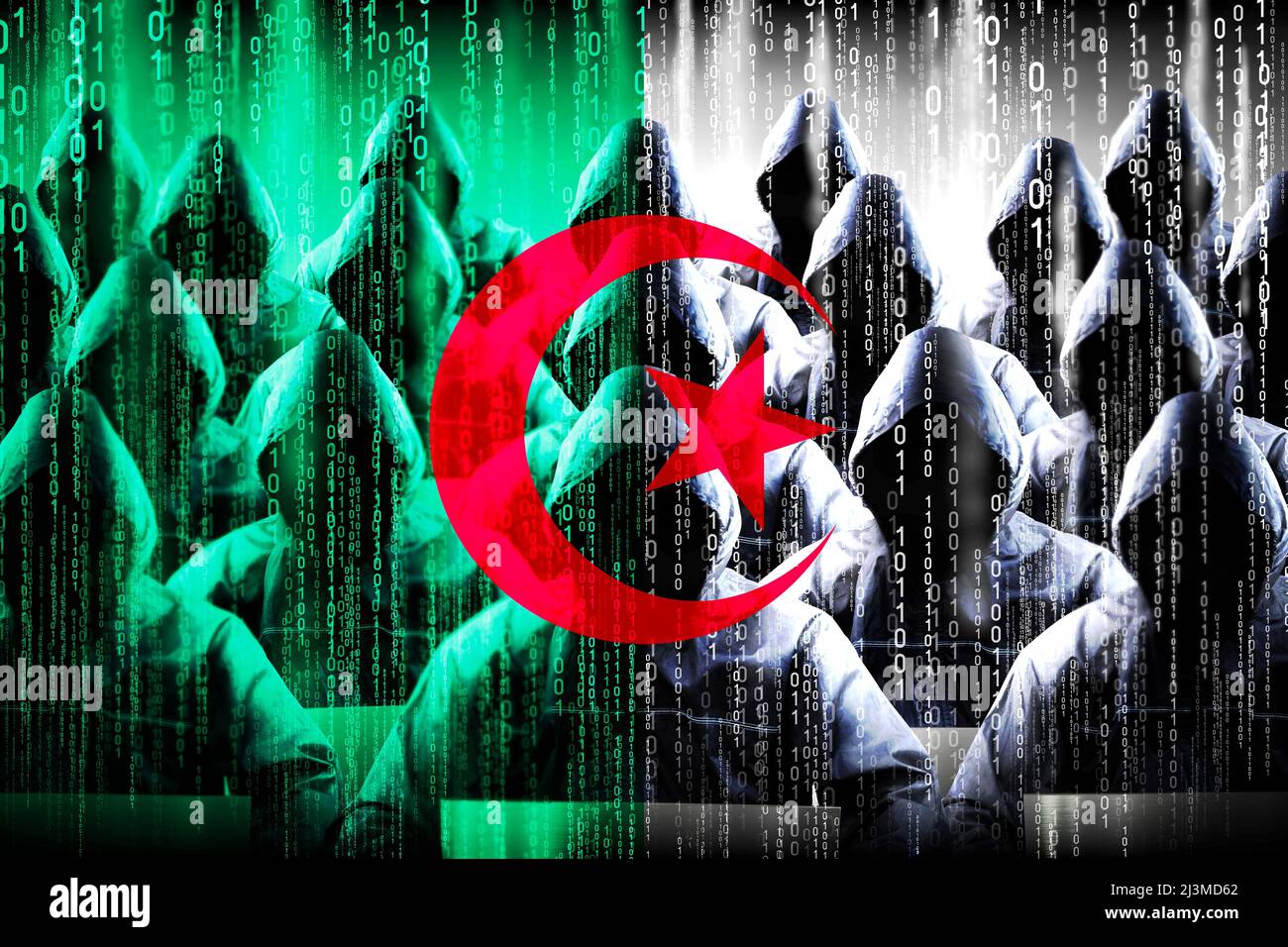 Pirates anonymes à capuchon, drapeau de l'Algérie, code binaire - concept de cyber-attaque Banque D'Images