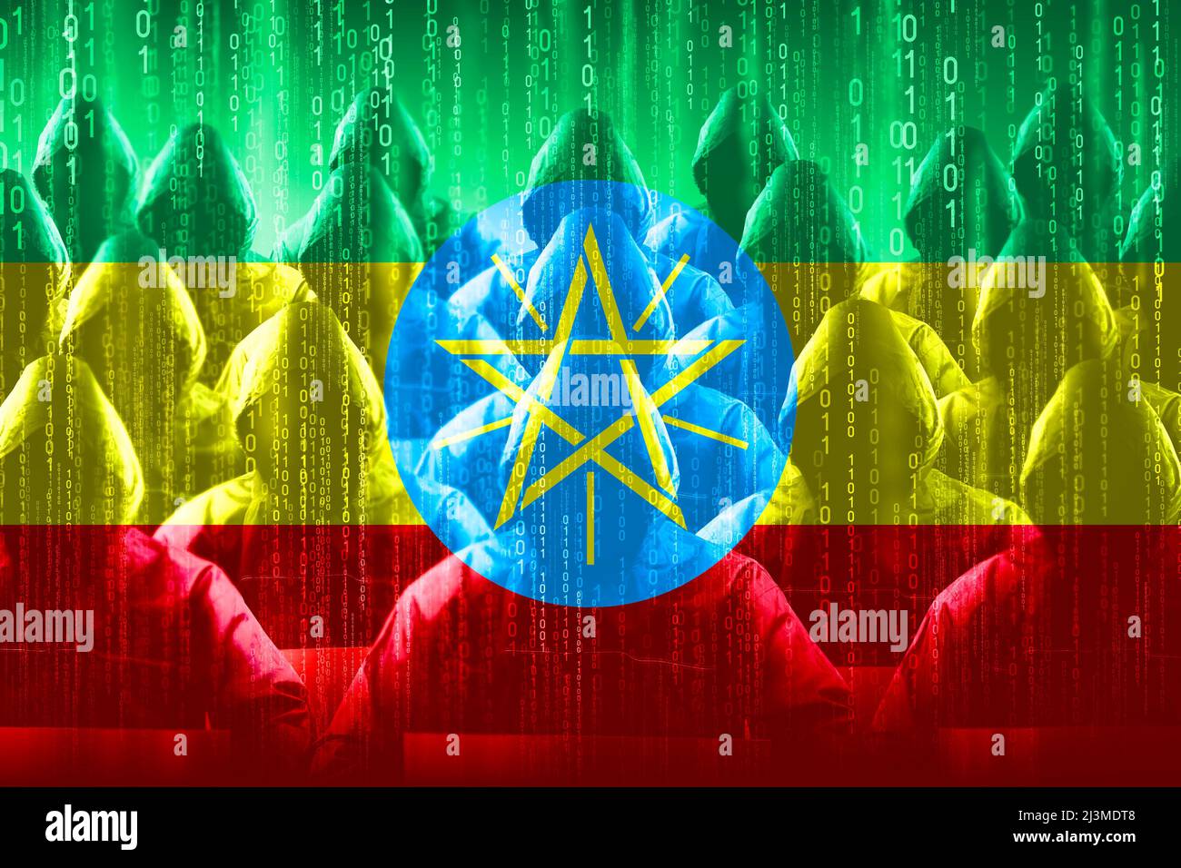 Pirates anonymes à capuchon, drapeau de l'Ethiopie, code binaire - concept de cyber-attaque Banque D'Images