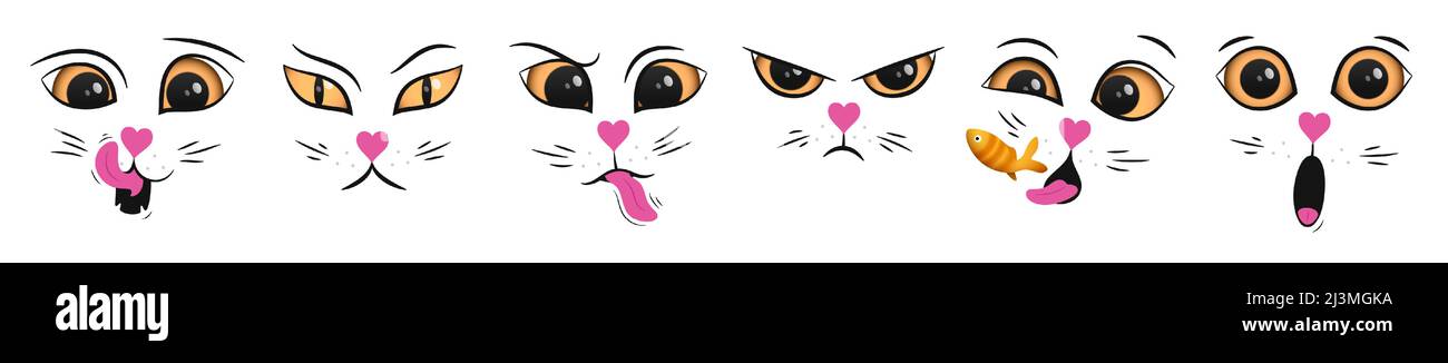 Ensemble vectoriel de drôle de visage de chat émotions isolées sur fond blanc. Illustration de Vecteur